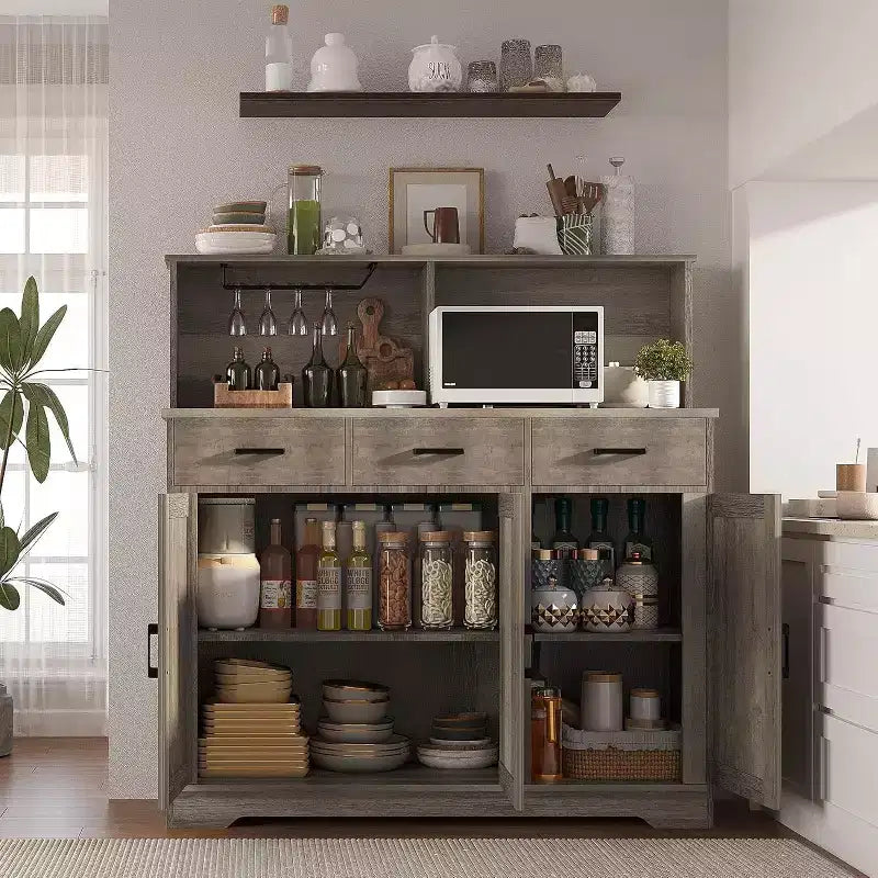 Credenza da fattoria con supporto per microonde, mobiletto portaoggetti con ante scorrevoli e cassetti, mobile bar in legno per cucina