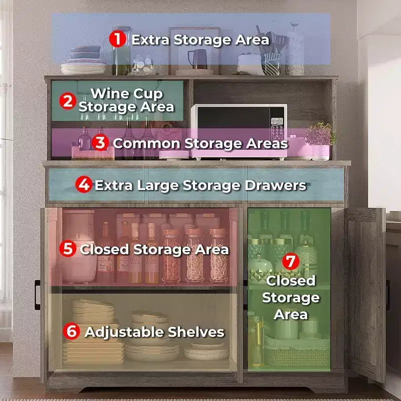 Credenza da fattoria con supporto per microonde, mobiletto portaoggetti con ante scorrevoli e cassetti, mobile bar in legno per cucina