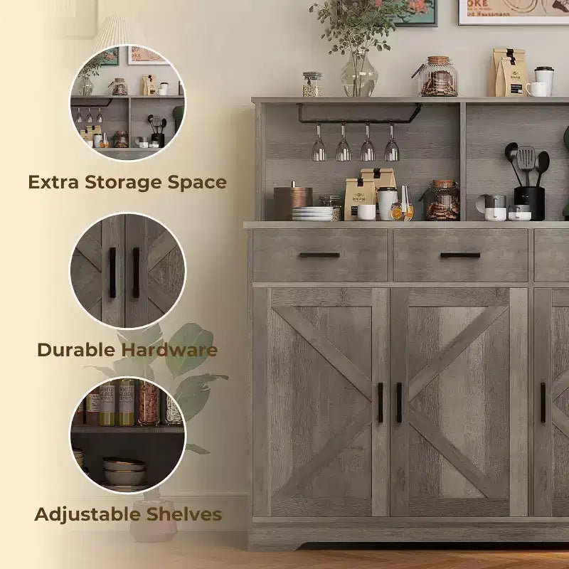 Credenza da fattoria con supporto per microonde, mobiletto portaoggetti con ante scorrevoli e cassetti, mobile bar in legno per cucina