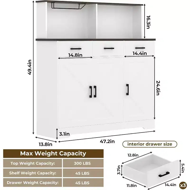Credenza da fattoria con supporto per microonde, mobiletto portaoggetti con ante scorrevoli e cassetti, mobile bar in legno per cucina