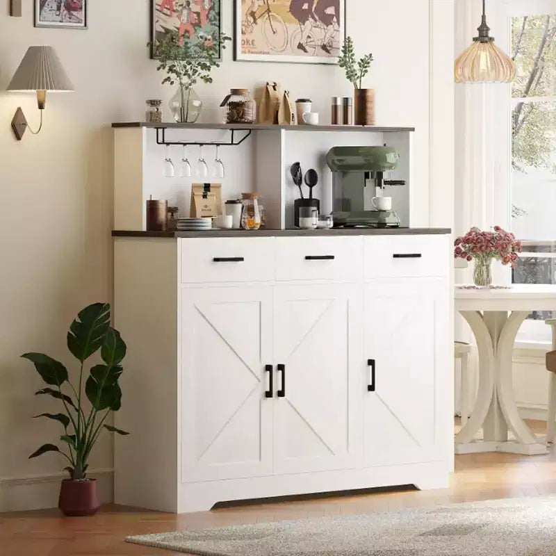 Credenza da fattoria con supporto per microonde, mobiletto portaoggetti con ante scorrevoli e cassetti, mobile bar in legno per cucina