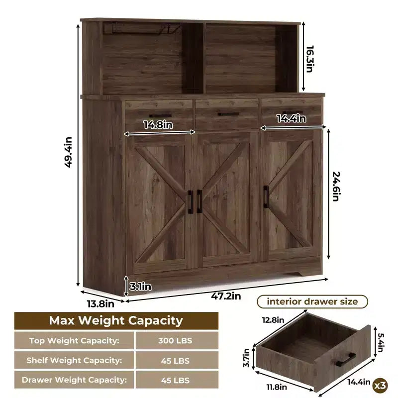 Credenza da fattoria con supporto per microonde, mobiletto portaoggetti con ante scorrevoli e cassetti, mobile bar in legno per cucina
