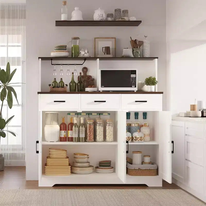 Credenza da fattoria con supporto per microonde, mobiletto portaoggetti con ante scorrevoli e cassetti, mobile bar in legno per cucina