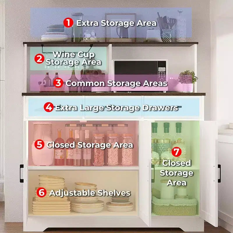 Credenza da fattoria con supporto per microonde, mobiletto portaoggetti con ante scorrevoli e cassetti, mobile bar in legno per cucina