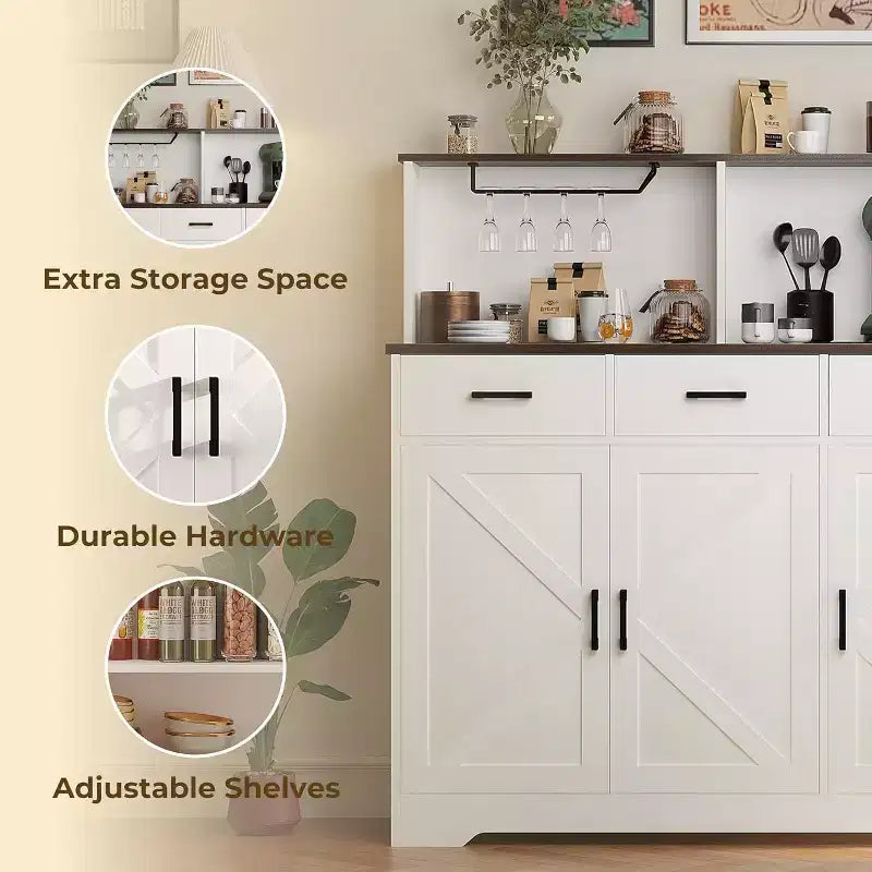Credenza da fattoria con supporto per microonde, mobiletto portaoggetti con ante scorrevoli e cassetti, mobile bar in legno per cucina