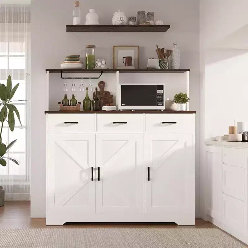 Credenza da fattoria con supporto per microonde, mobiletto portaoggetti con ante scorrevoli e cassetti, mobile bar in legno per cucina