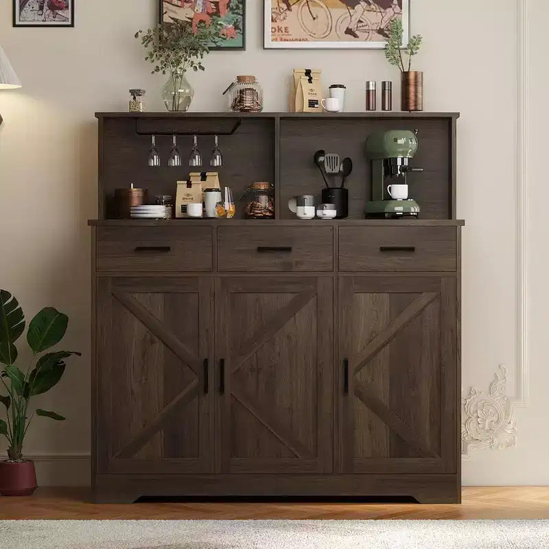 Farmhouse Sideboard Buffet with Microwave Stand, Barn Doors Buffet Storage Cabinet with Drawers and Shelves, Wood Coffee Bar Cabinet for Kitchen