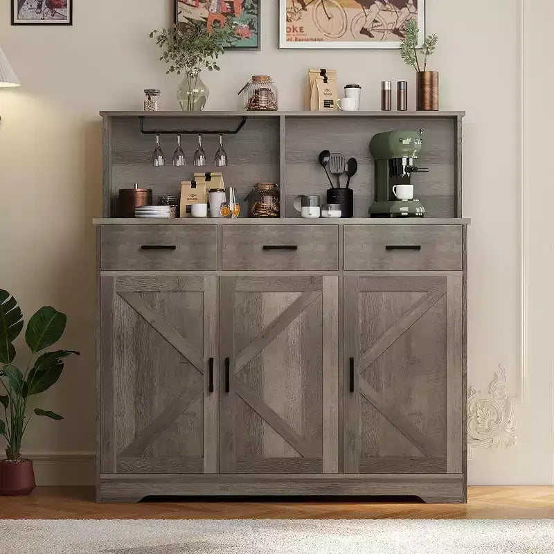 Credenza da fattoria con supporto per microonde, mobiletto portaoggetti con ante scorrevoli e cassetti, mobile bar in legno per cucina