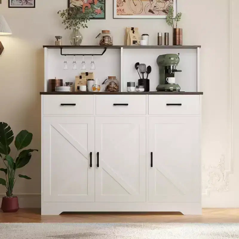Credenza da fattoria con supporto per microonde, mobiletto portaoggetti con ante scorrevoli e cassetti, mobile bar in legno per cucina