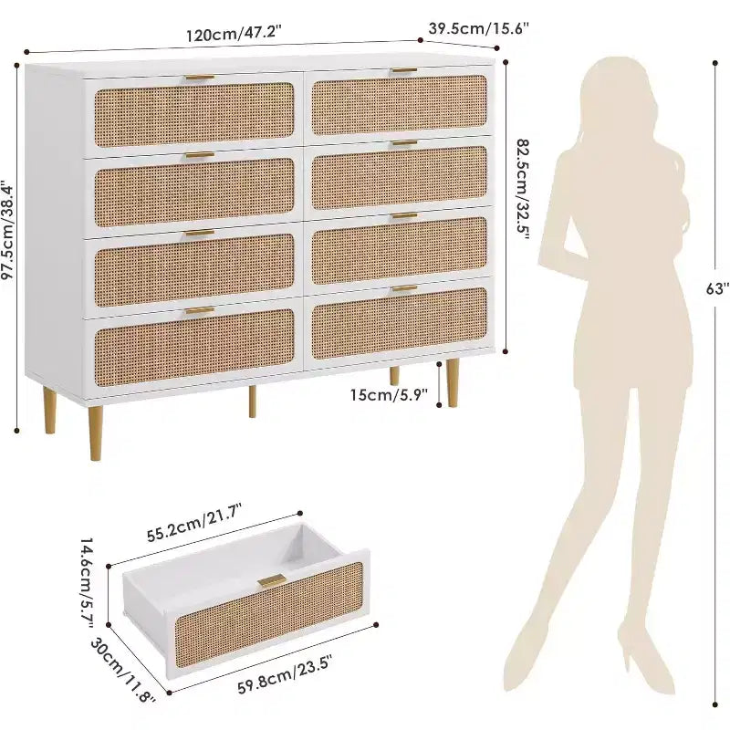 Cassettiera a 8 cassetti, comò moderno in legno per camera da letto con cassetti contenitori, mobile TV in stile rustico per soggiorno, camera da letto