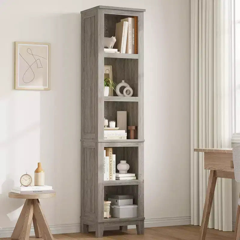 Narrow Bookcase 5 Tier Farmhouse Bookshelf Wooden Bookshelves Rustic Vintage Etagere Oak for Home Office, Living Room, Bed Room,Gray