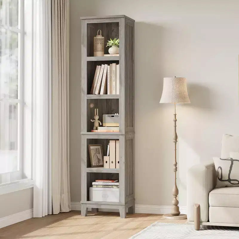 Libreria stretta a 5 ripiani, scaffale in legno stile rustico vintage etagere rovere per ufficio, soggiorno, camera da letto, grigio