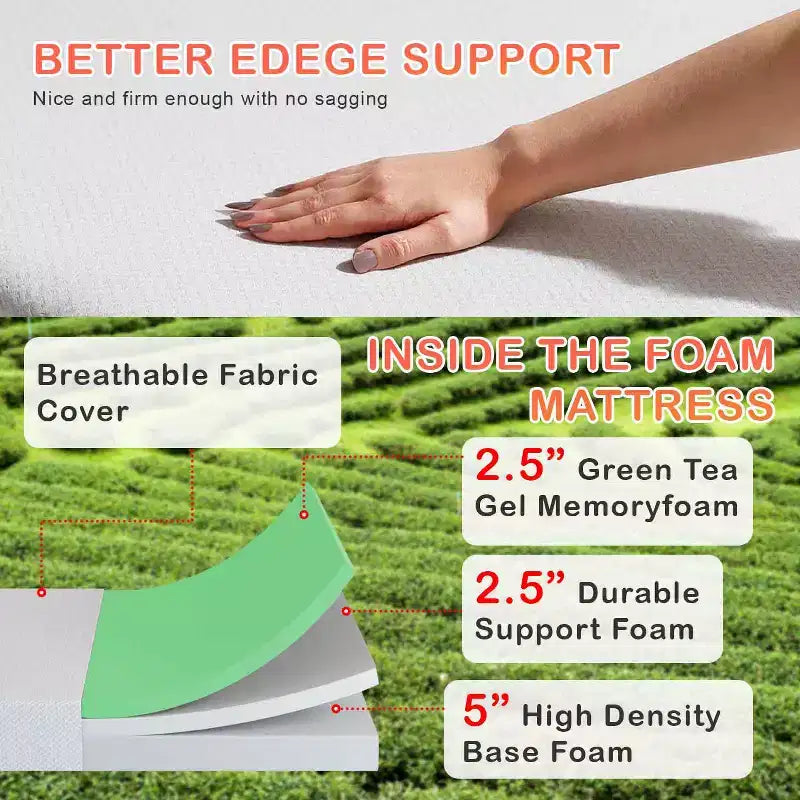 Materasso in Memory Foam al Tè Verde da 10 Pollici, con Gel Rinfrescante, a Media Durezza
