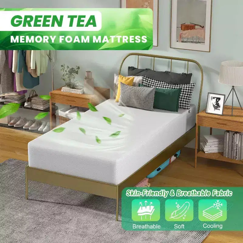 Materasso in Memory Foam al Tè Verde da 10 Pollici, con Gel Rinfrescante, a Media Durezza