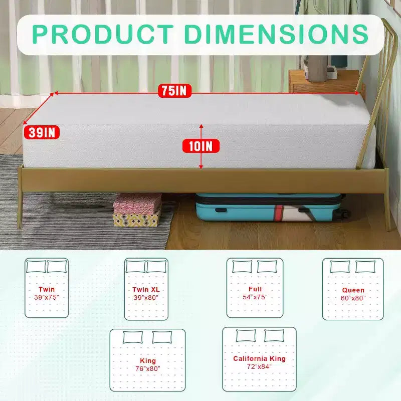 Materasso in Memory Foam al Tè Verde da 10 Pollici, con Gel Rinfrescante, a Media Durezza