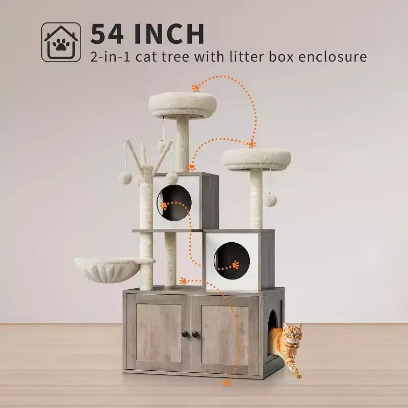 Cat Tree with Litter Box Enclosure, 2-in-1 Modern Cat Tower with Hammock and Scratching Posts