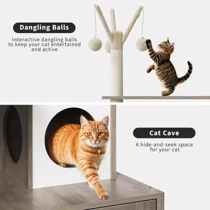 Cat Tree with Litter Box Enclosure, 2-in-1 Modern Cat Tower with Hammock and Scratching Posts