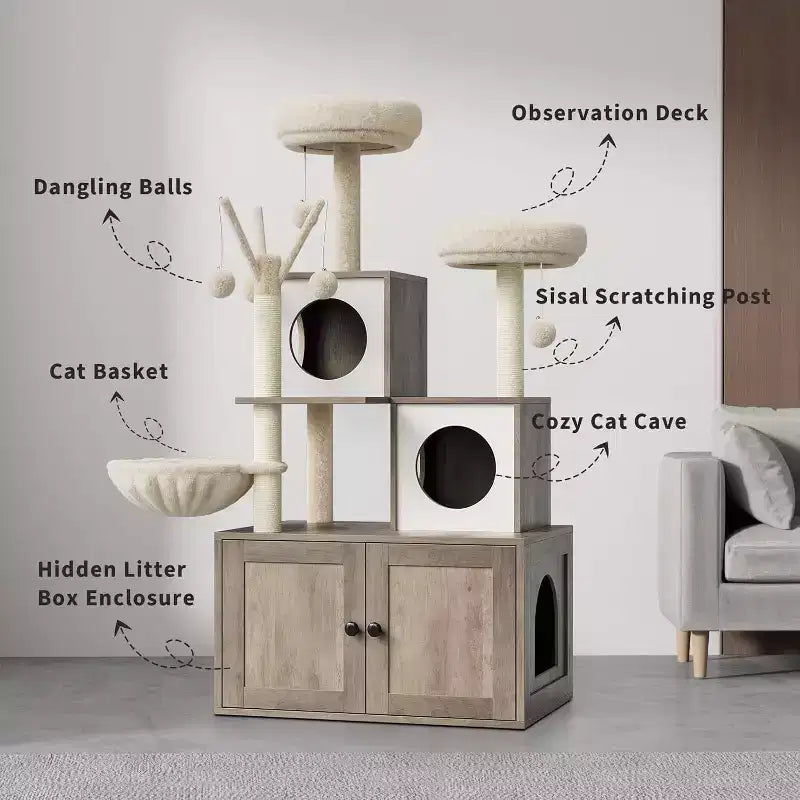 Cat Tree with Litter Box Enclosure, 2-in-1 Modern Cat Tower with Hammock and Scratching Posts