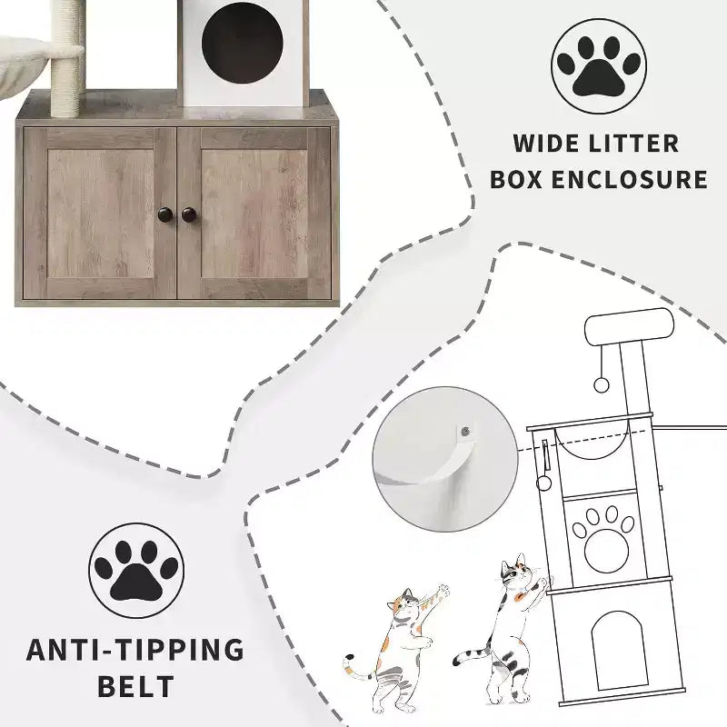 Cat Tree with Litter Box Enclosure, 2-in-1 Modern Cat Tower with Hammock and Scratching Posts