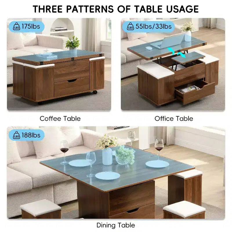 Modern Functional Lift-Top Coffee Table with Hidden Storage & Stools,Fashionable Center Table Set for Living Room,Office