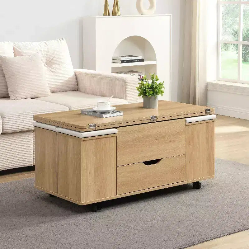 Modern Functional Lift-Top Coffee Table with Hidden Storage & Stools,Fashionable Center Table Set for Living Room,Office
