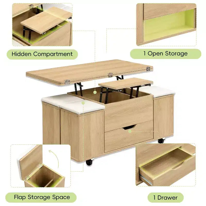 Modern Functional Lift-Top Coffee Table with Hidden Storage & Stools,Fashionable Center Table Set for Living Room,Office