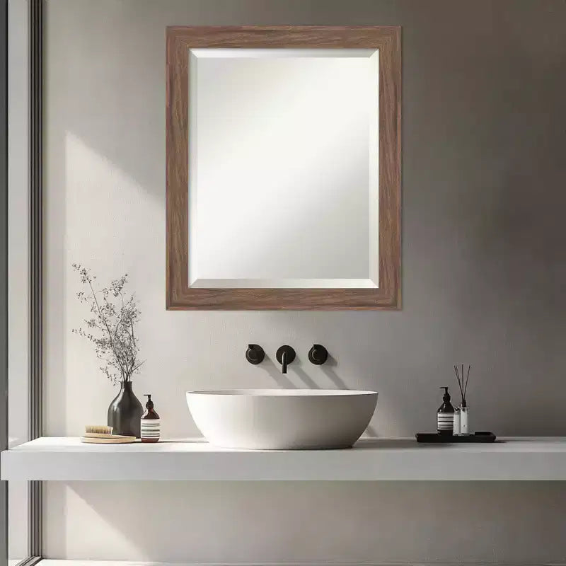 Pia Medium Brown Narrow Beveled Framed Bathroom Vanity Wall Mirror