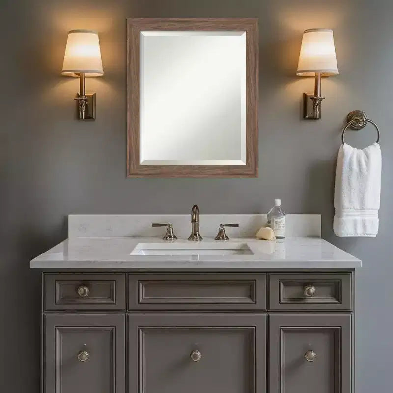 Pia Medium Brown Narrow Beveled Framed Bathroom Vanity Wall Mirror