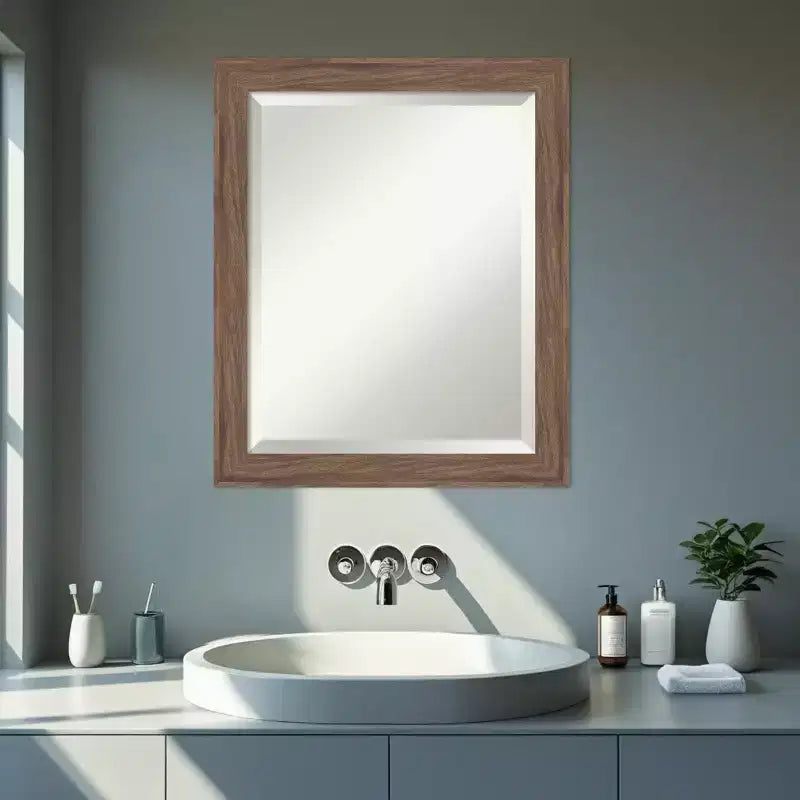 Pia Medium Brown Narrow Beveled Framed Bathroom Vanity Wall Mirror